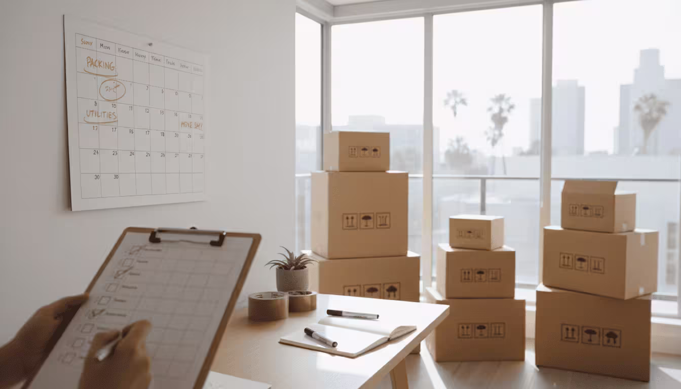Week-by-week moving checklist with tasks organized on a calendar for a Los Angeles relocation