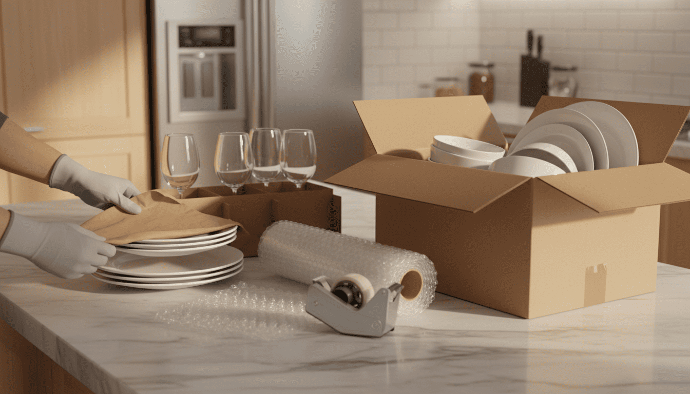 Professional packing supplies and wrapped kitchen items organized on a counter before a move