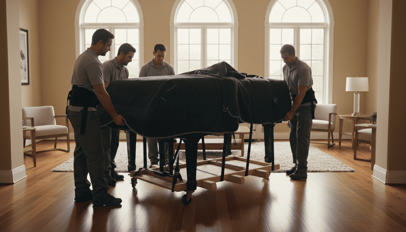 Professional movers carefully transporting a grand piano with specialized equipment in a Los Angeles home