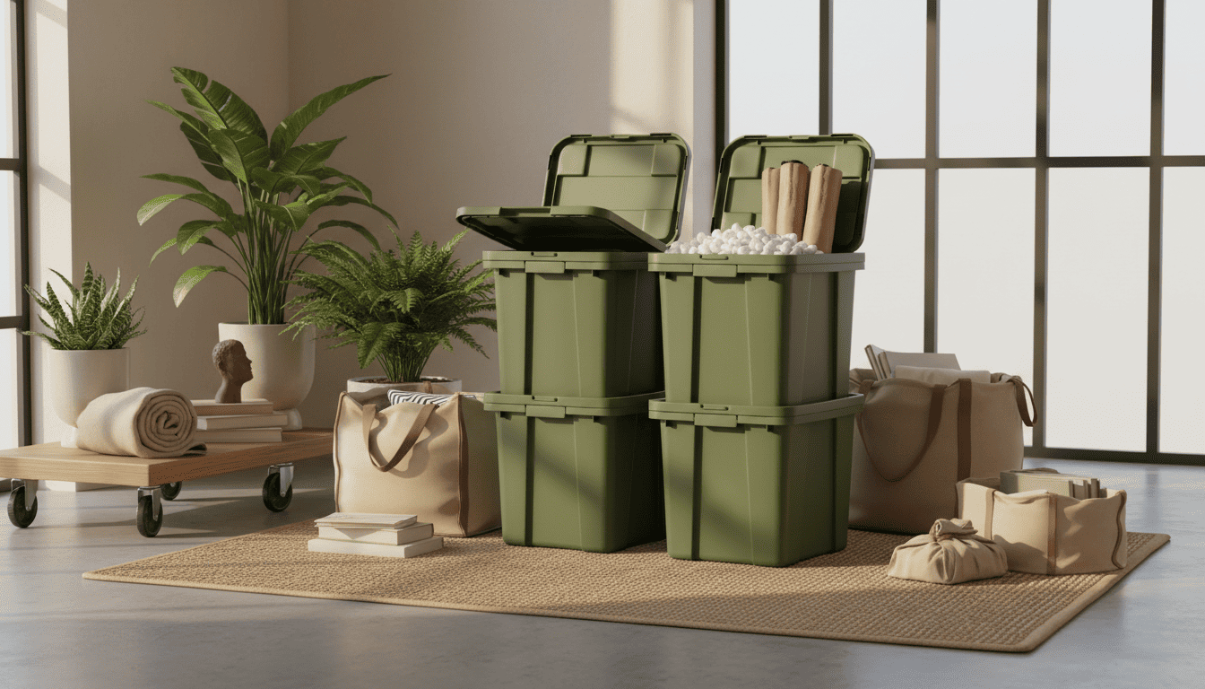 Reusable packing materials and eco-friendly moving supplies arranged for a sustainable Los Angeles relocation