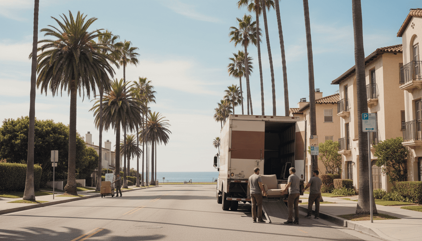 Moving truck parked on a residential Santa Monica street near palm trees with ocean in the background