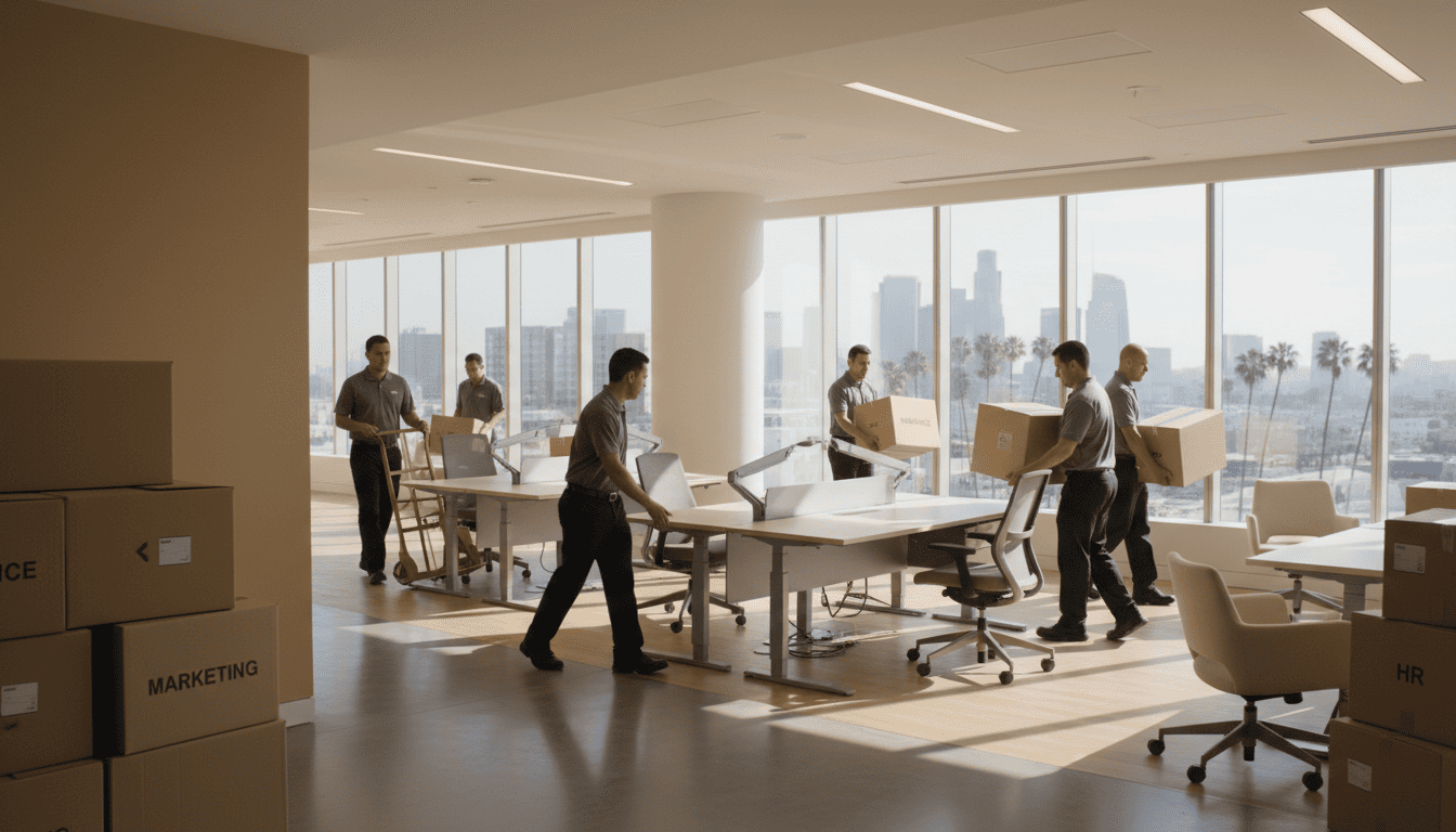 Professional movers carrying office furniture and equipment through a modern Los Angeles commercial building lobby