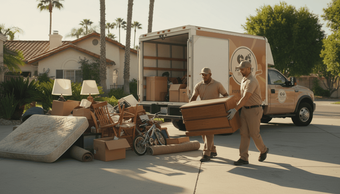 Junk removal crew loading old furniture and household items into truck outside Los Angeles home before a move