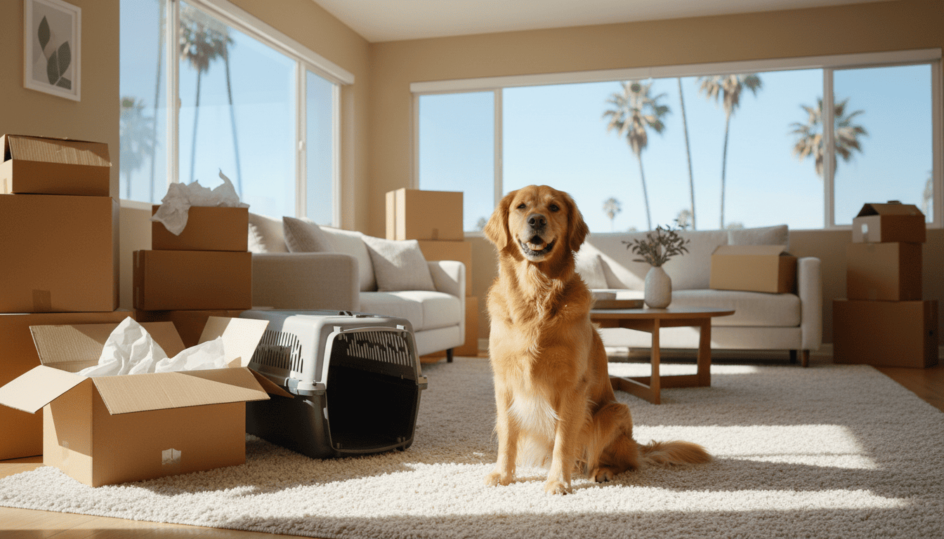 Family with a dog preparing for a move with packed boxes in a bright Los Angeles apartment