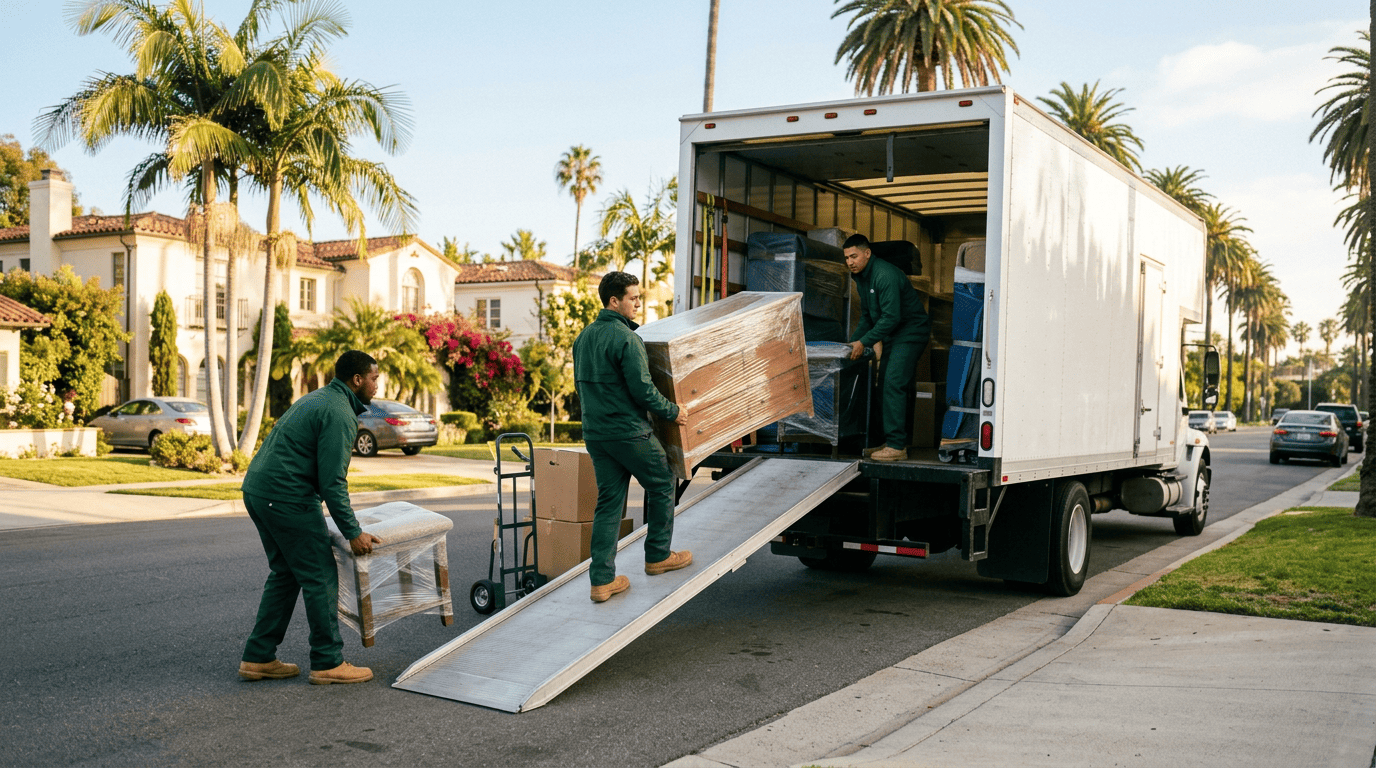 Professional movers loading furniture into a Green Moving truck on a sunny Los Angeles summer day
