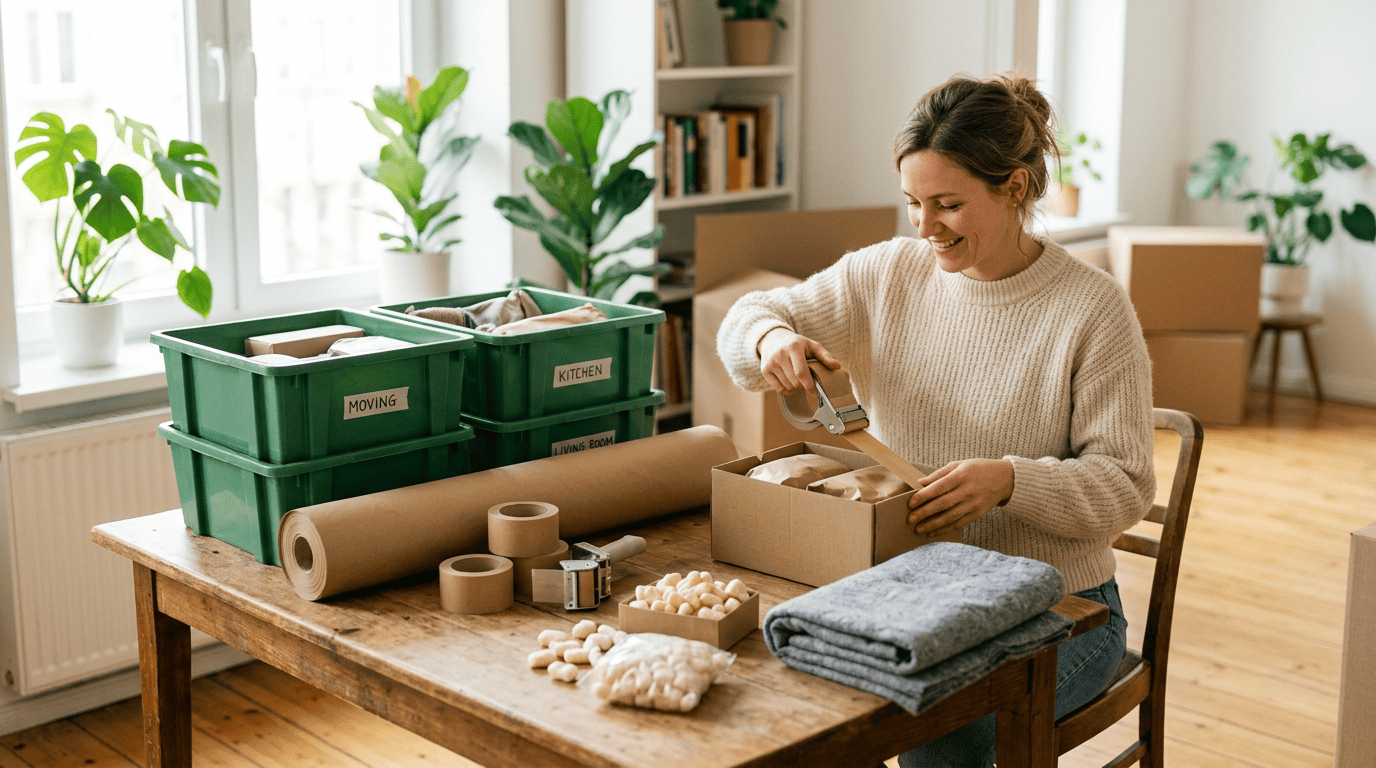 Eco-friendly packing materials including recycled paper, reusable moving bins, and biodegradable bubble wrap arranged on a table