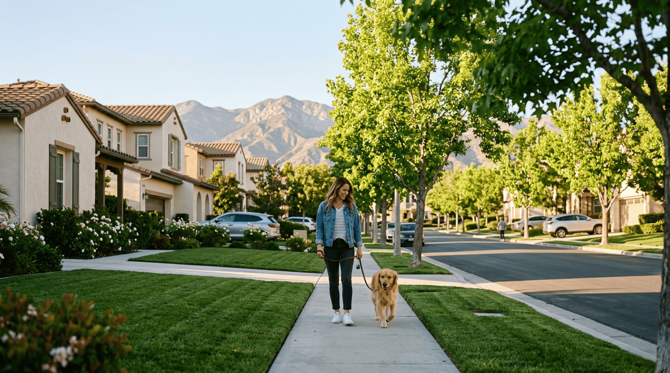 Tree-lined residential street in Irvine California with modern homes and mountains in the background