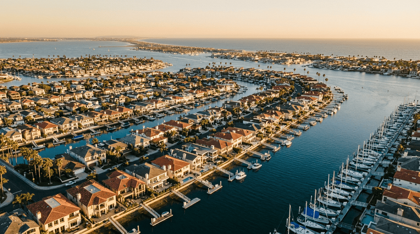 Coastal Newport Beach California neighborhood with boats in the harbor and residential homes along the waterfront