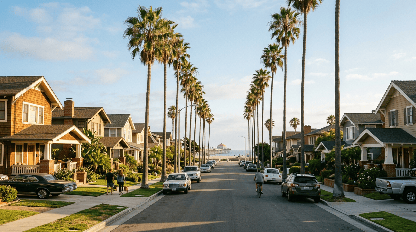 Huntington Beach California residential neighborhood with palm trees and the iconic pier visible in the distance