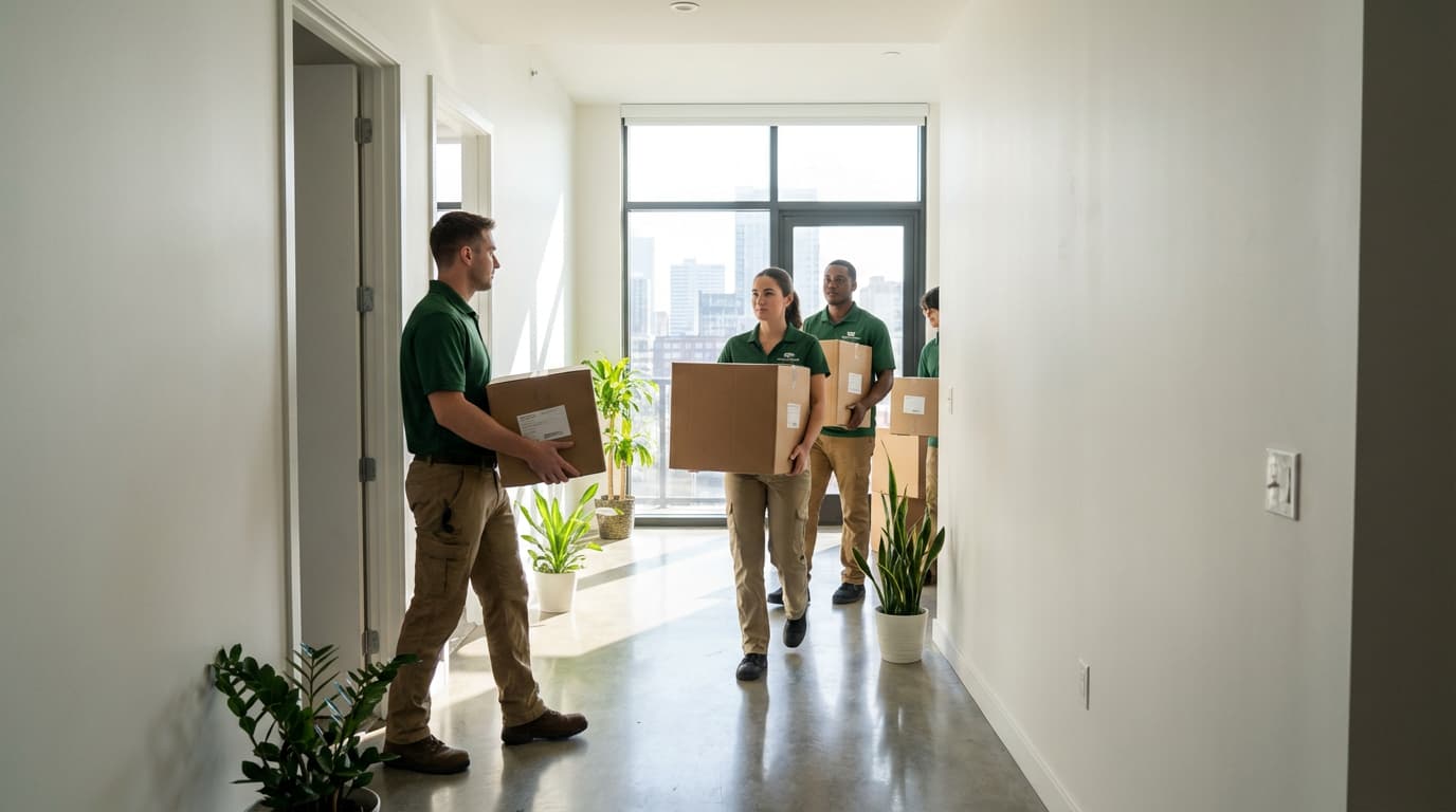 Professional movers carrying boxes through an apartment hallway in a Los Angeles high-rise building