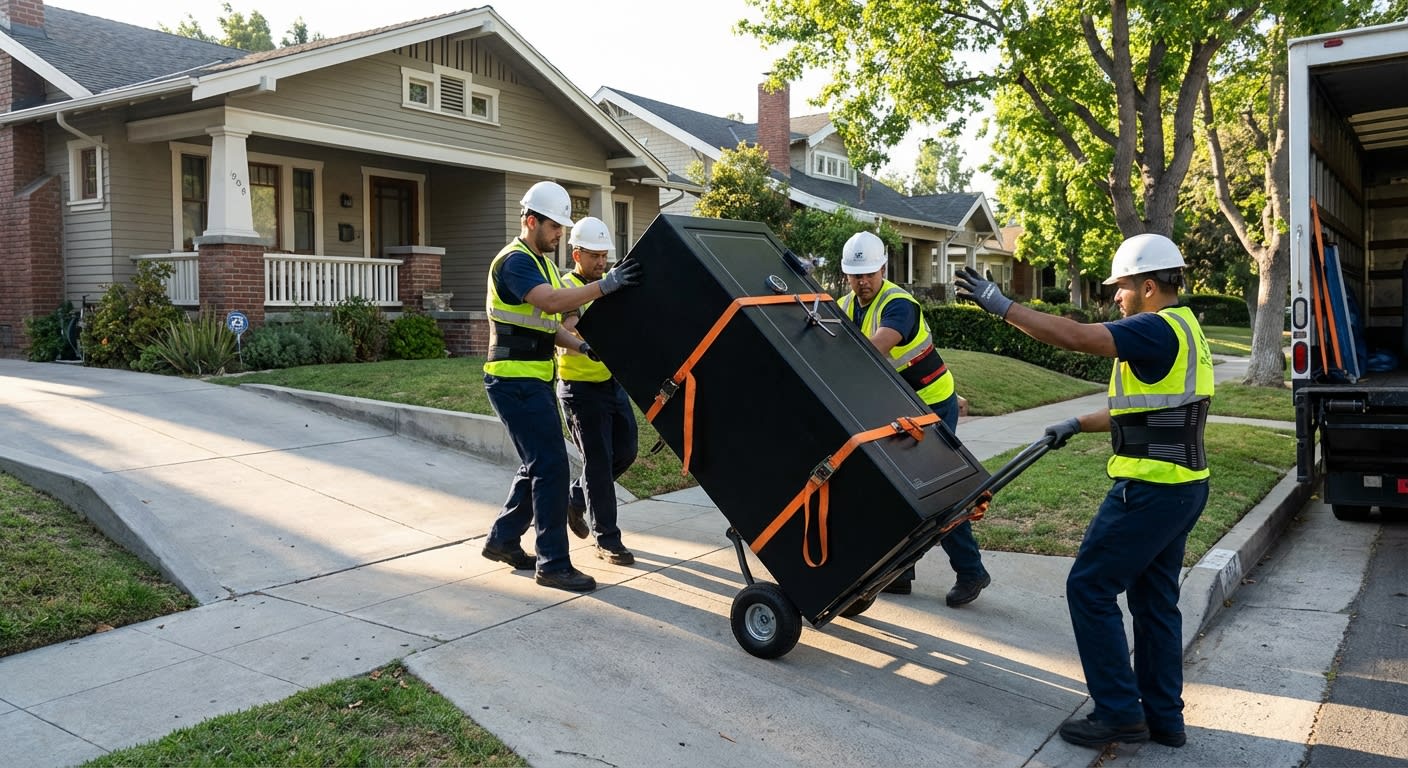 Professional moving crew using heavy-duty dolly and straps to transport large black gun safe down residential driveway in Los Angeles suburban neighborhood, morning light, safety equipment visible, te