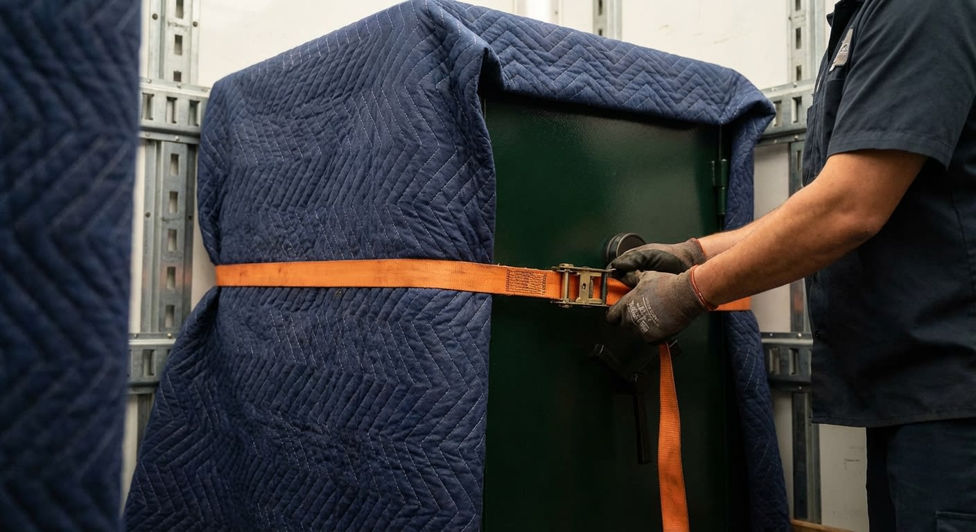 Close-up of professional mover securing gun safe with ratchet straps inside moving truck, protective blankets wrapped around safe, proper tie-down technique demonstrated, interior truck lighting