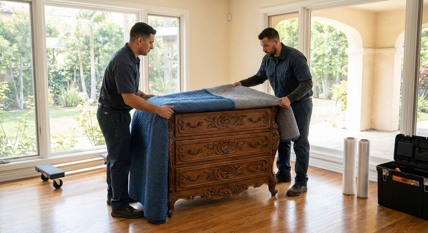 Professional movers carefully wrapping an ornate Victorian wooden dresser with padded blankets inside a Los Angeles home with hardwood floors and natural light streaming through windows, moving equipm