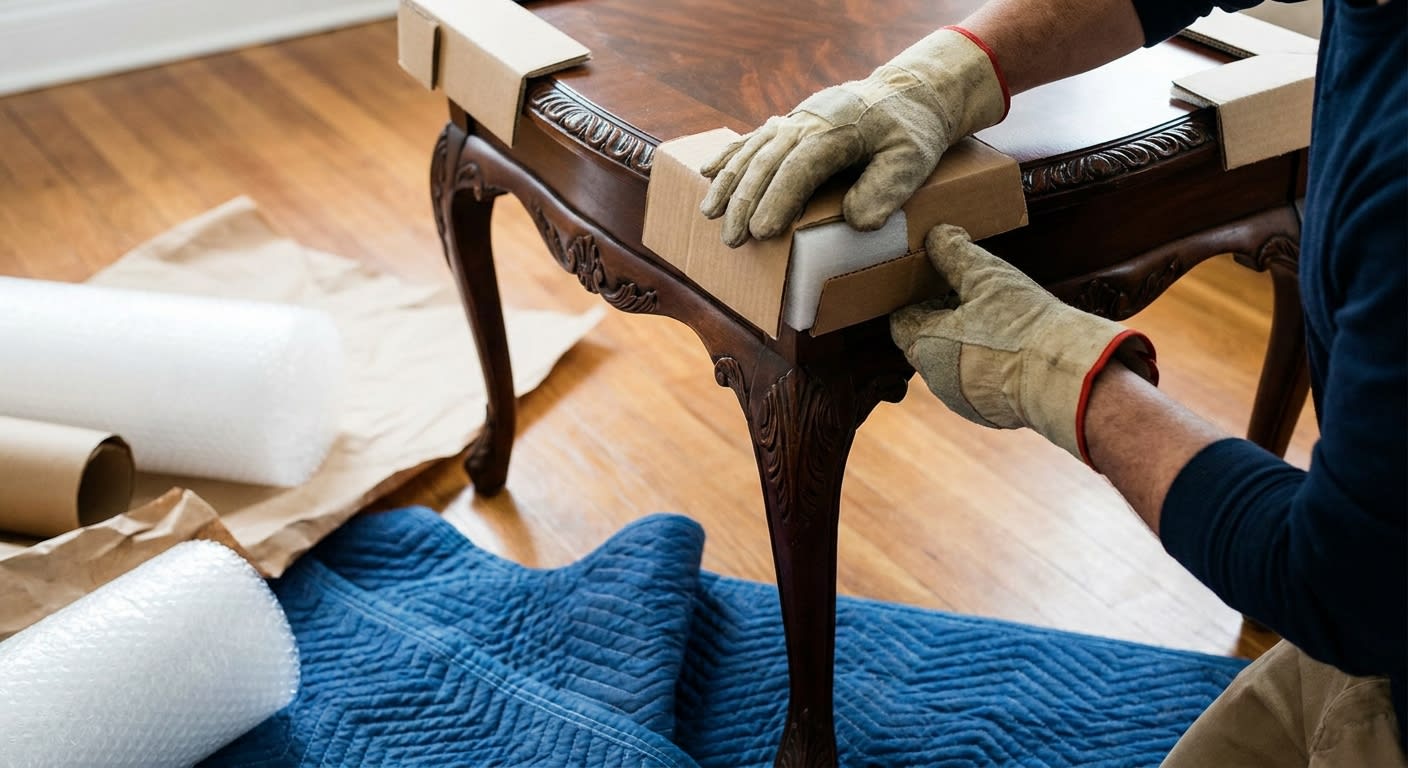 Close-up of gloved hands securing corner protectors on an antique mahogany side table with intricate carved details, moving blankets and specialty packing materials spread on a clean floor