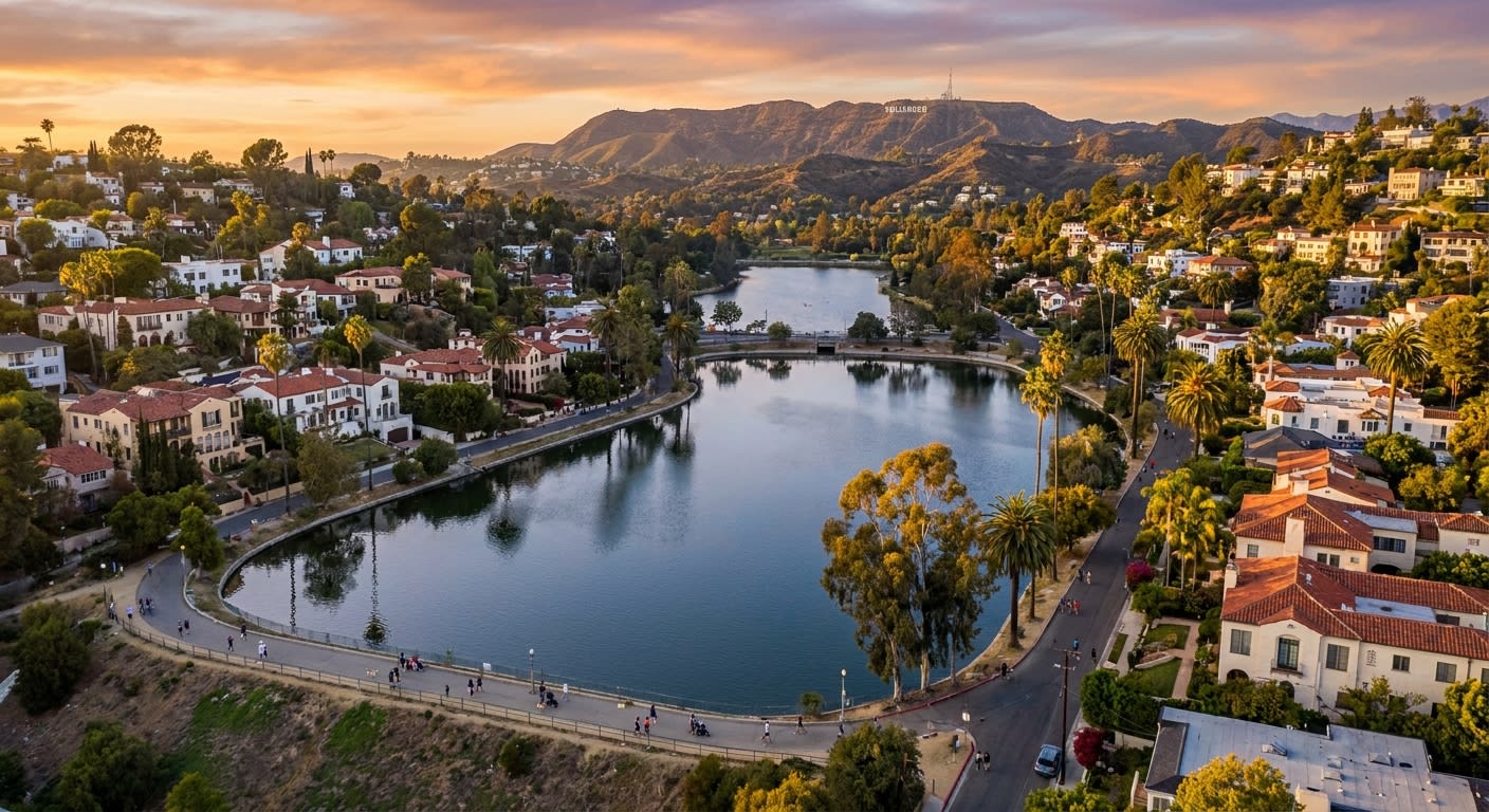 Aerial view of Silver Lake Reservoir in Los Angeles during golden hour, showing the distinctive hillside homes with Spanish Revival architecture, palm trees, and the walking path around the water with