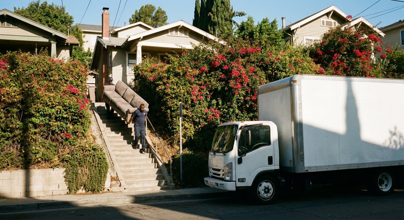 Moving truck parked on a steep narrow residential street in Silver Lake with craftsman bungalows and overgrown bougainvillea, professional movers carefully navigating furniture down concrete steps, mo
