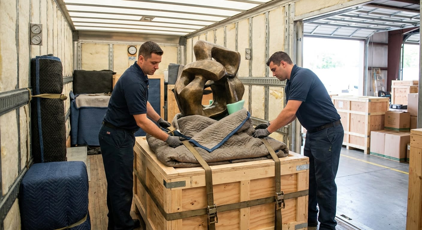 Professional movers carefully securing a large bronze sculpture onto a custom wooden crate inside a climate-controlled moving truck, protective blankets and foam padding visible, warehouse setting wit