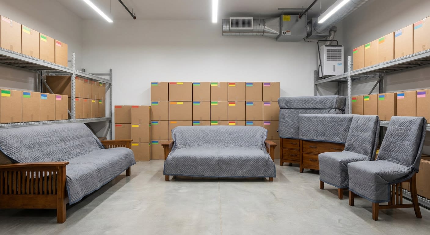 Interior of climate-controlled storage unit showing neatly stacked moving boxes and furniture wrapped in protective blankets, soft overhead lighting, clean concrete floors