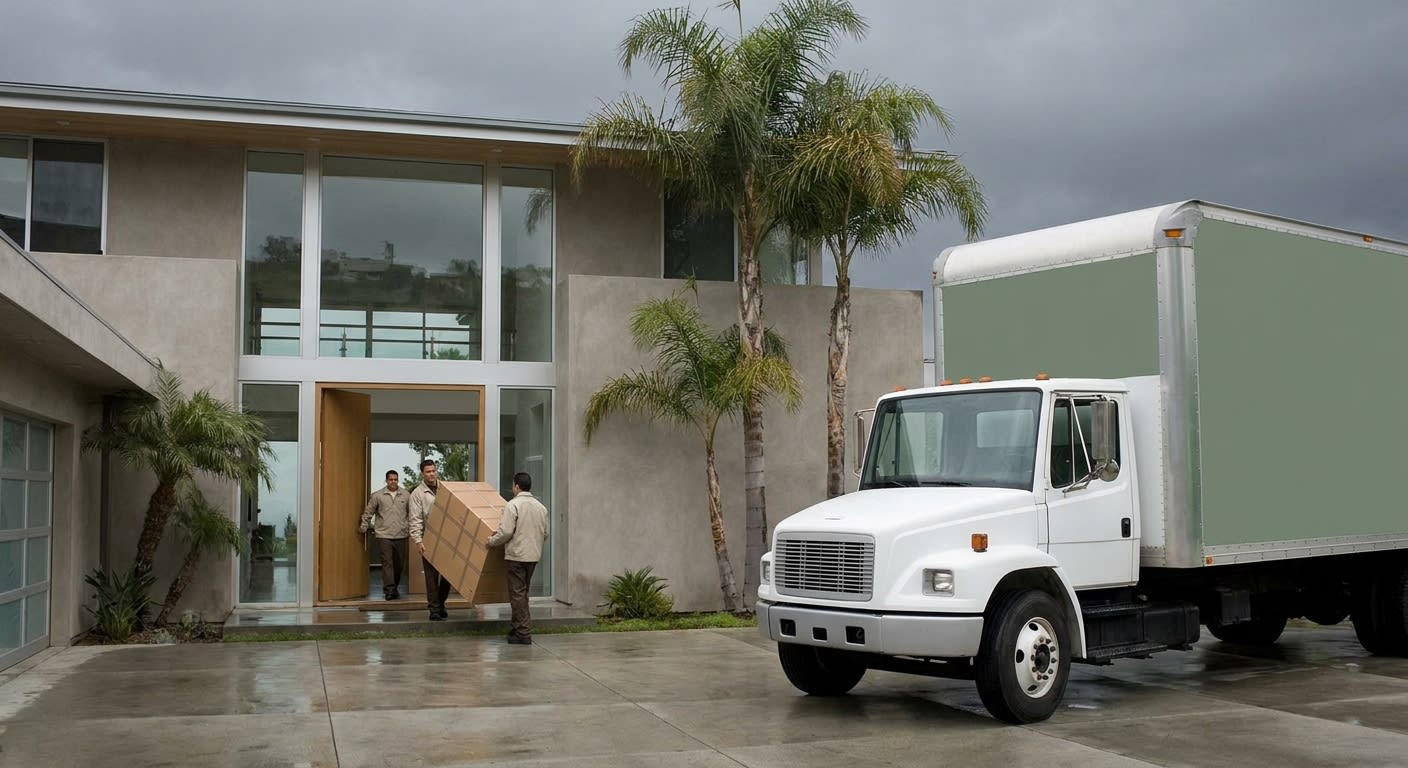 Professional movers carrying furniture boxes into a modern Los Angeles home on a cool overcast winter day, palm trees visible in background, crew wearing light jackets, moving truck parked in resident