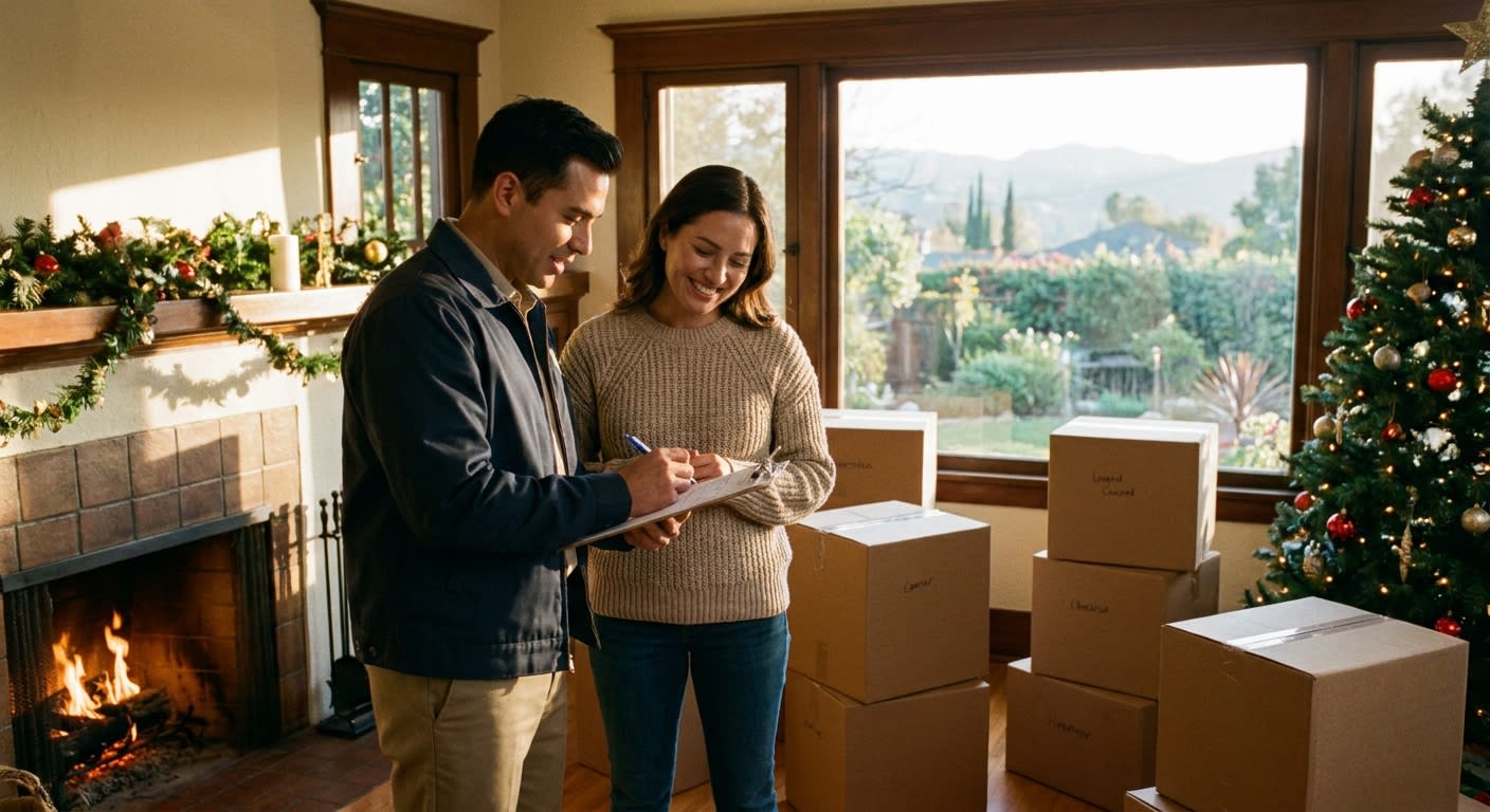 Moving consultant with clipboard reviewing inventory with homeowner inside a cozy Los Angeles living room with packed boxes, winter light coming through windows, warm interior atmosphere with holiday 