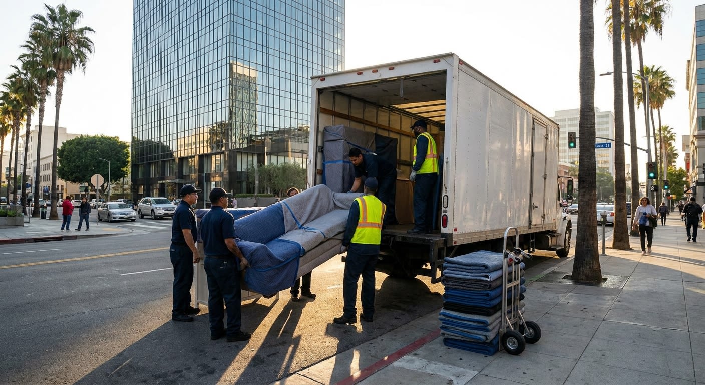 Professional moving crew unloading padded furniture from a moving truck in front of a modern glass high-rise building in downtown Los Angeles, dolly with moving blankets visible, urban street scene wi