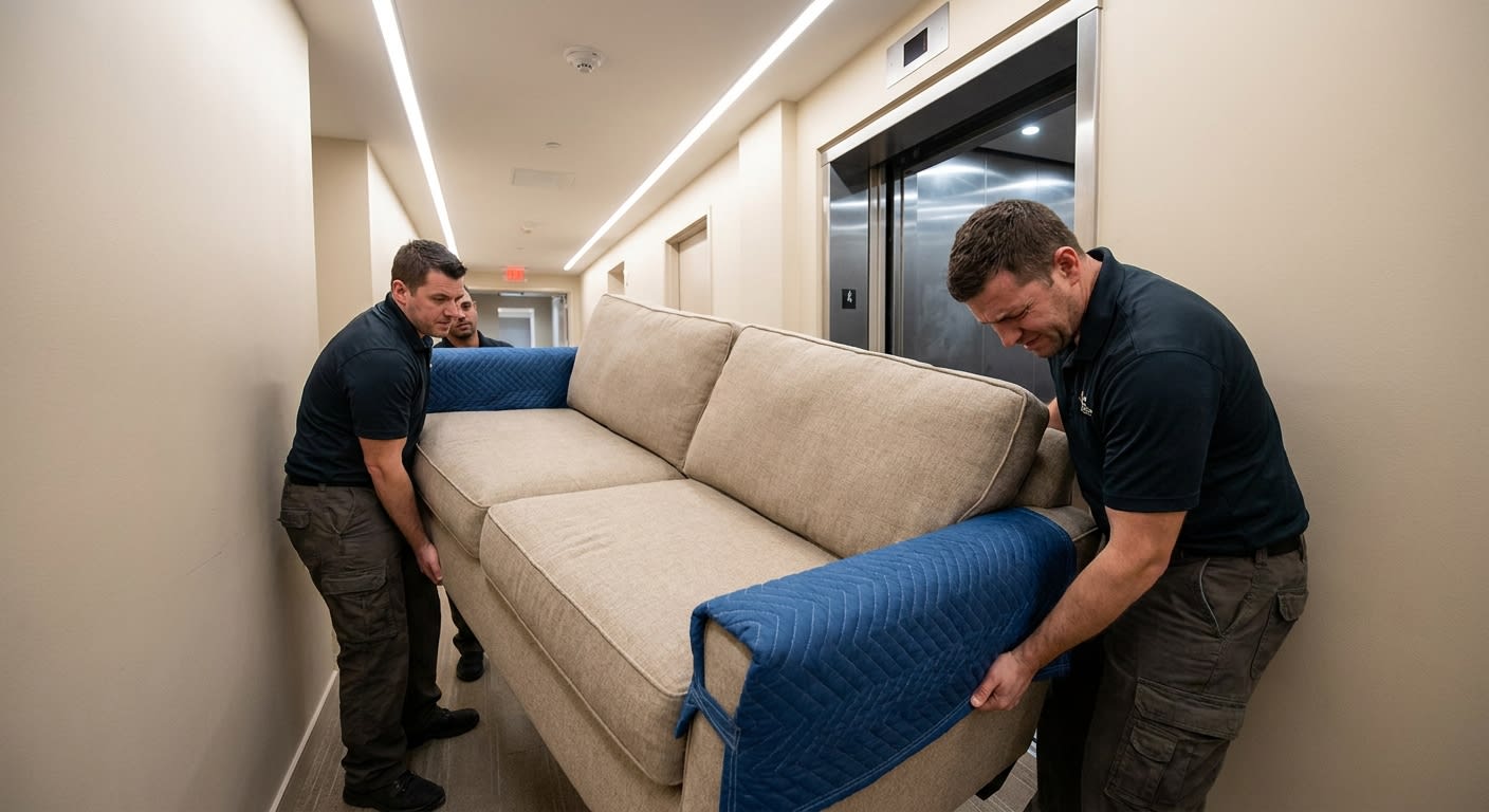 Moving crew navigating a large sectional sofa through a narrow high-rise corridor with neutral walls and modern lighting, protective padding on corners, freight elevator visible in background, profess