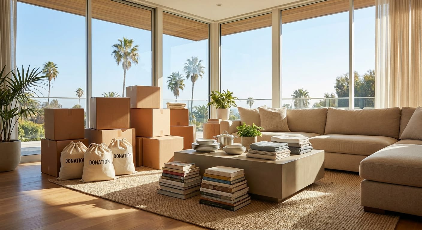 A bright Los Angeles apartment living room with organized cardboard boxes, donation bags, and neatly sorted household items on a sunny day, modern California home interior with large windows showing p
