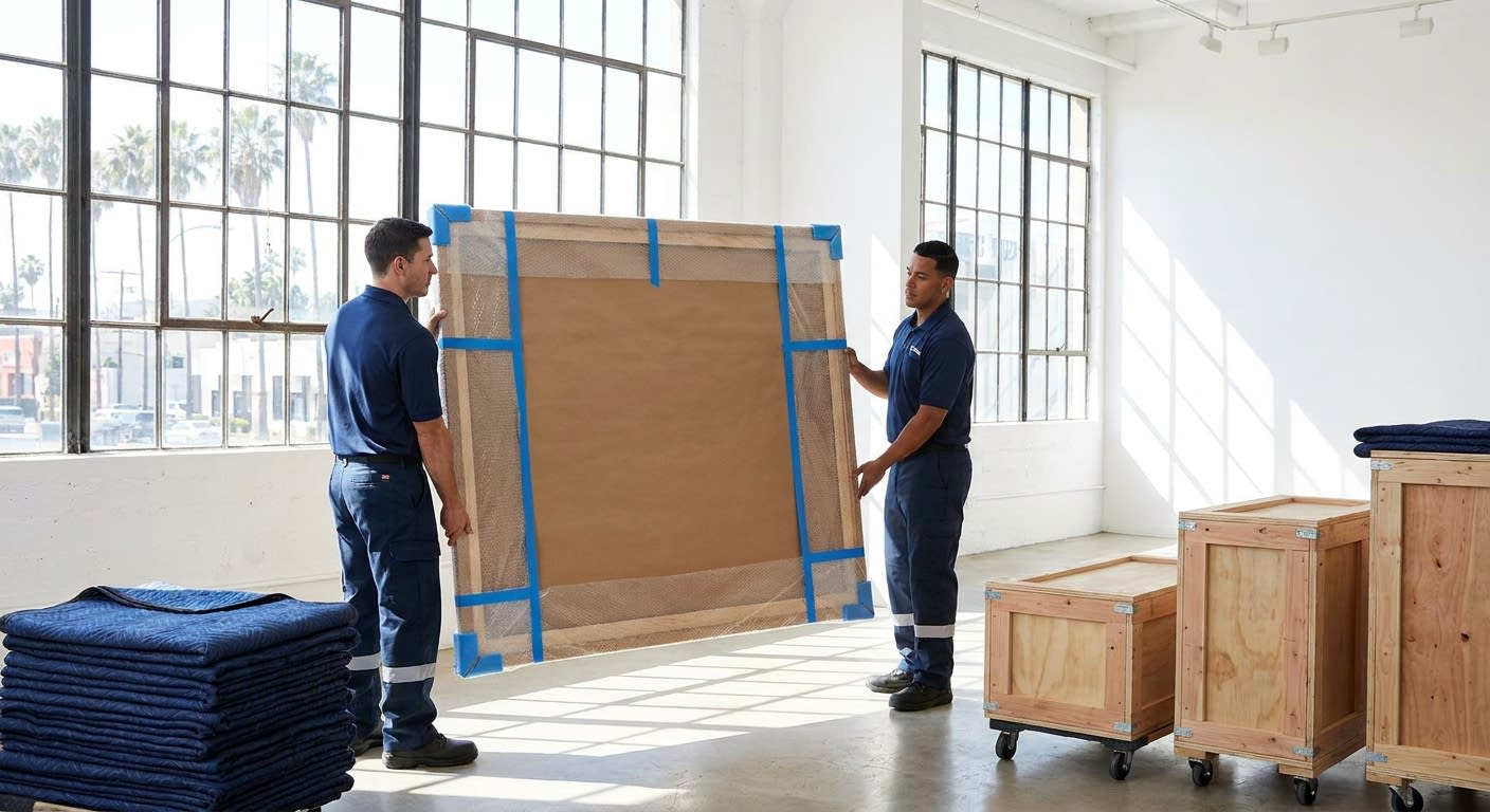Professional movers in uniforms carefully handling a large framed painting wrapped in protective materials inside a bright Los Angeles gallery space, moving blankets and custom wooden crates visible,