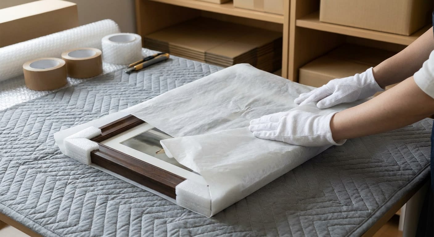 Close-up of hands wearing white cotton gloves carefully wrapping a framed artwork in acid-free paper and foam corner protectors on a padded work table, professional packing supplies organized nearby