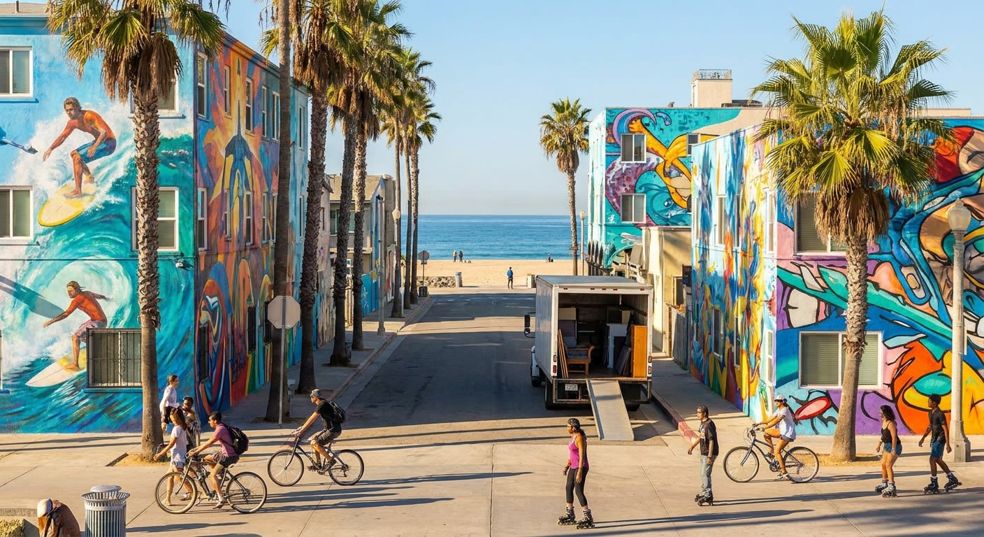 Venice Beach California boardwalk scene with palm trees and colorful murals, moving truck parked on a residential side street with ocean visible in background, sunny morning atmosphere