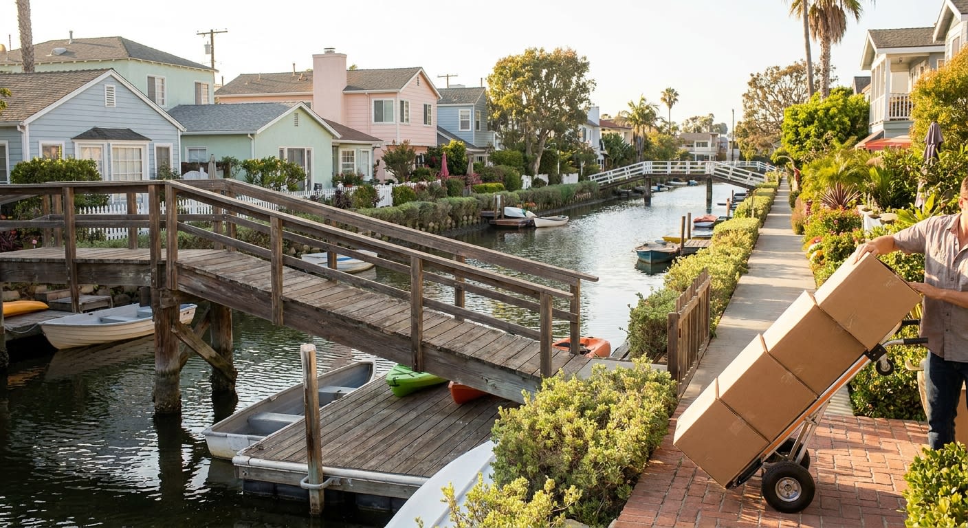 Charming Venice Beach canal with small bridges and waterfront homes, moving boxes being unloaded from a hand truck onto a walkway, peaceful residential setting with boats and greenery